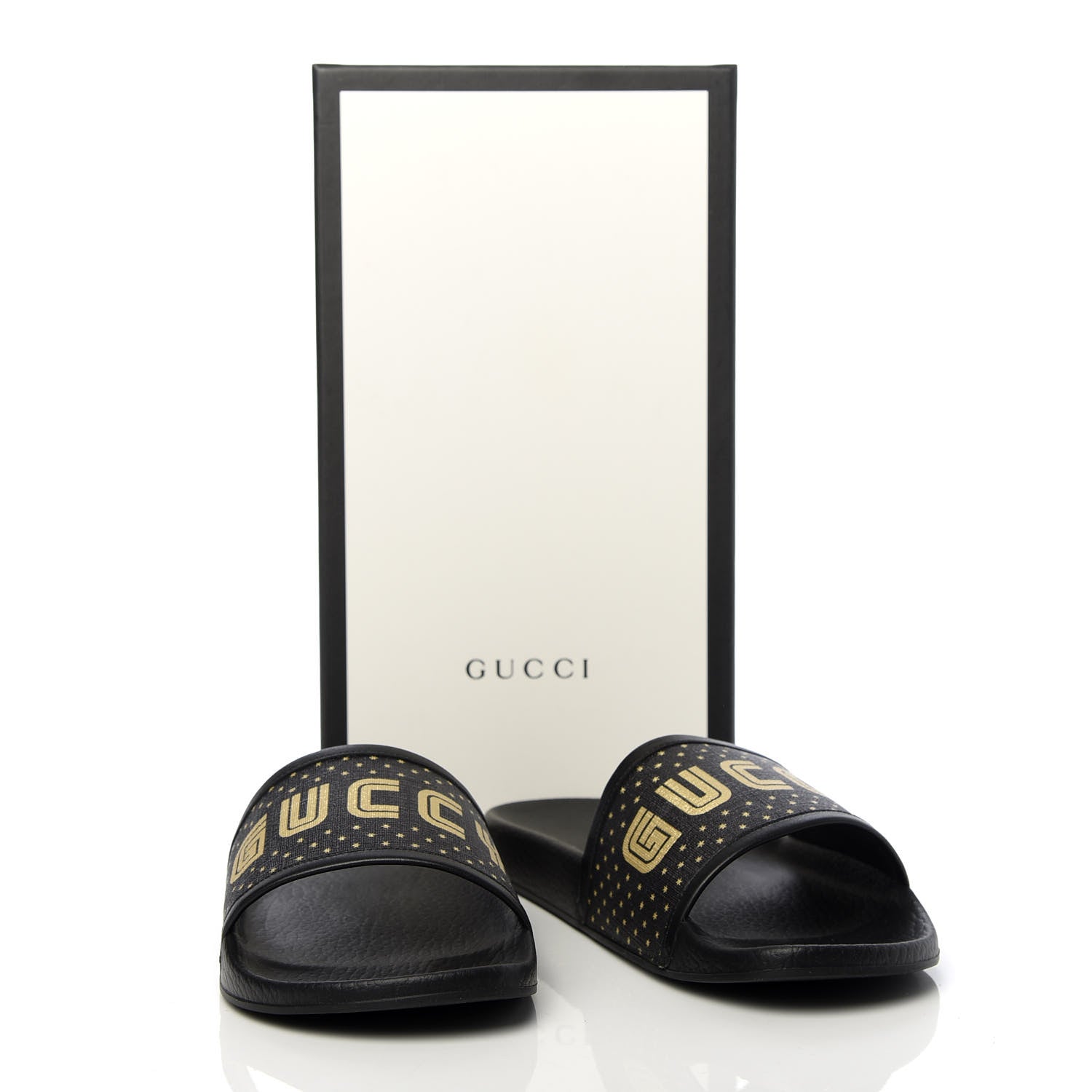 Gucci X SEGA Supreme Canvas GUCCY Stars Womens Slide Sandals 39 Black Gold 8 of 8