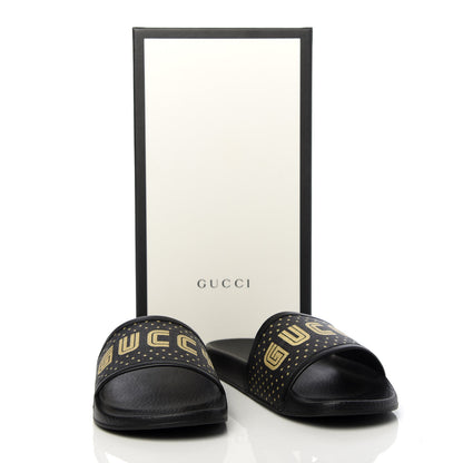 Gucci X SEGA Supreme Canvas GUCCY Stars Womens Slide Sandals 39 Black Gold 8 of 8