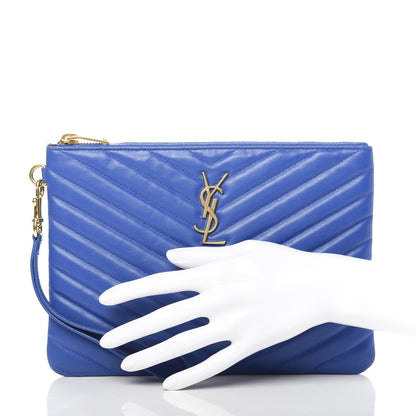 Saint Laurent Calfskin Matelasse Chevron Monogram Zip A5 Pouch Blue Majorelle 2 of 7
