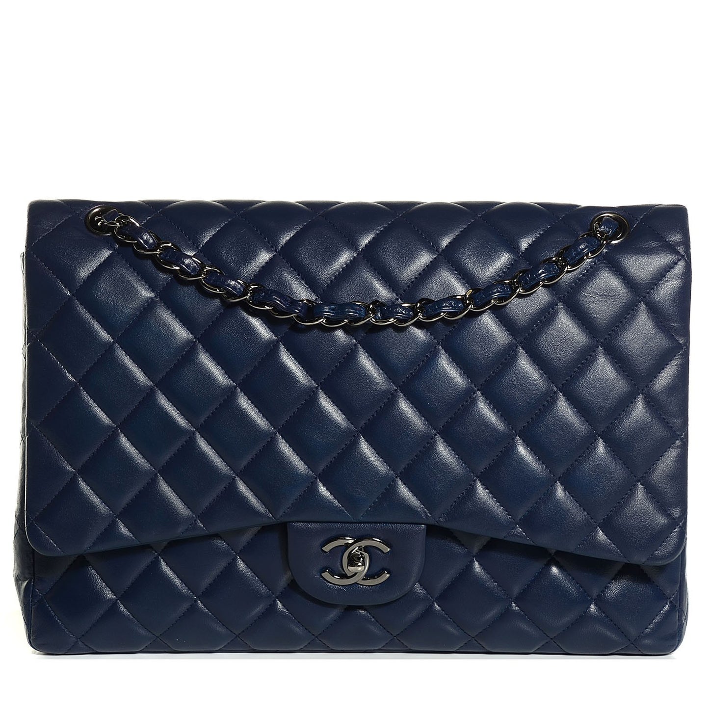 Lambskin Quilted Maxi Single Flap Dark Blue