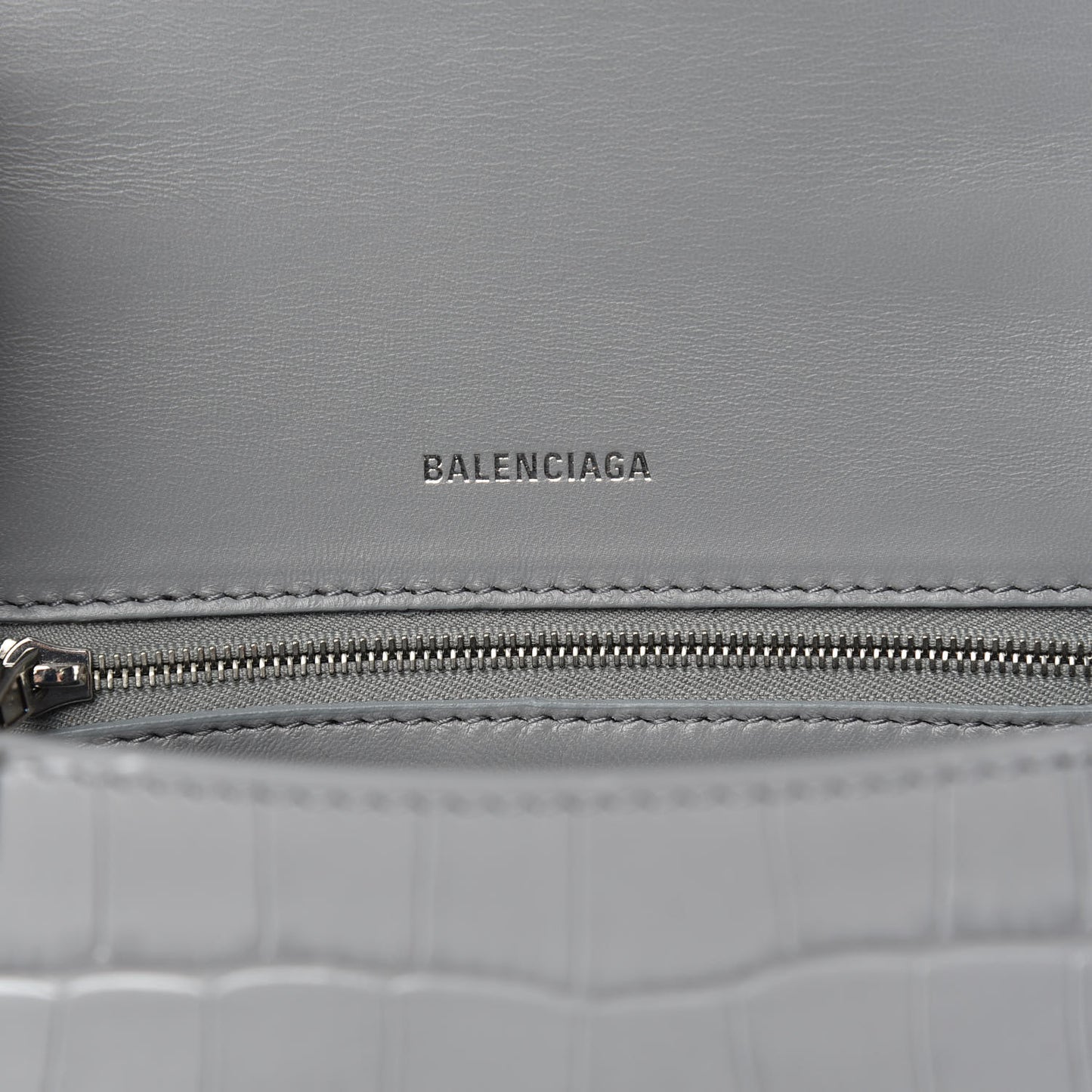 Shiny Calfskin Crocodile Embossed Small Hourglass Top Handle Bag Balenciaga Grey