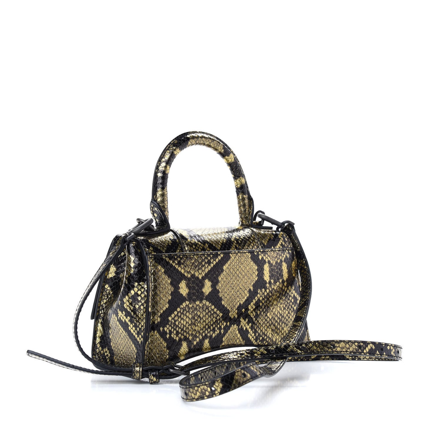 Shiny Calfskin Snakeskin Embossed Hourglass Top Handle Bag XS Gold Black