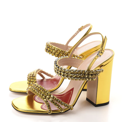 Gucci Nappa Silk Crystal Bertie High Heel Sandals 37.5 Gold 3 of 9