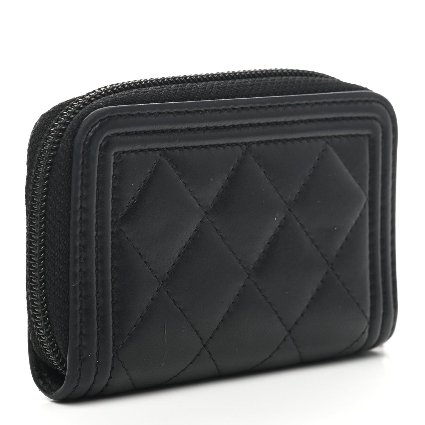 Lambskin Quilted Zip Around Boy Coin Purse Wallet Black