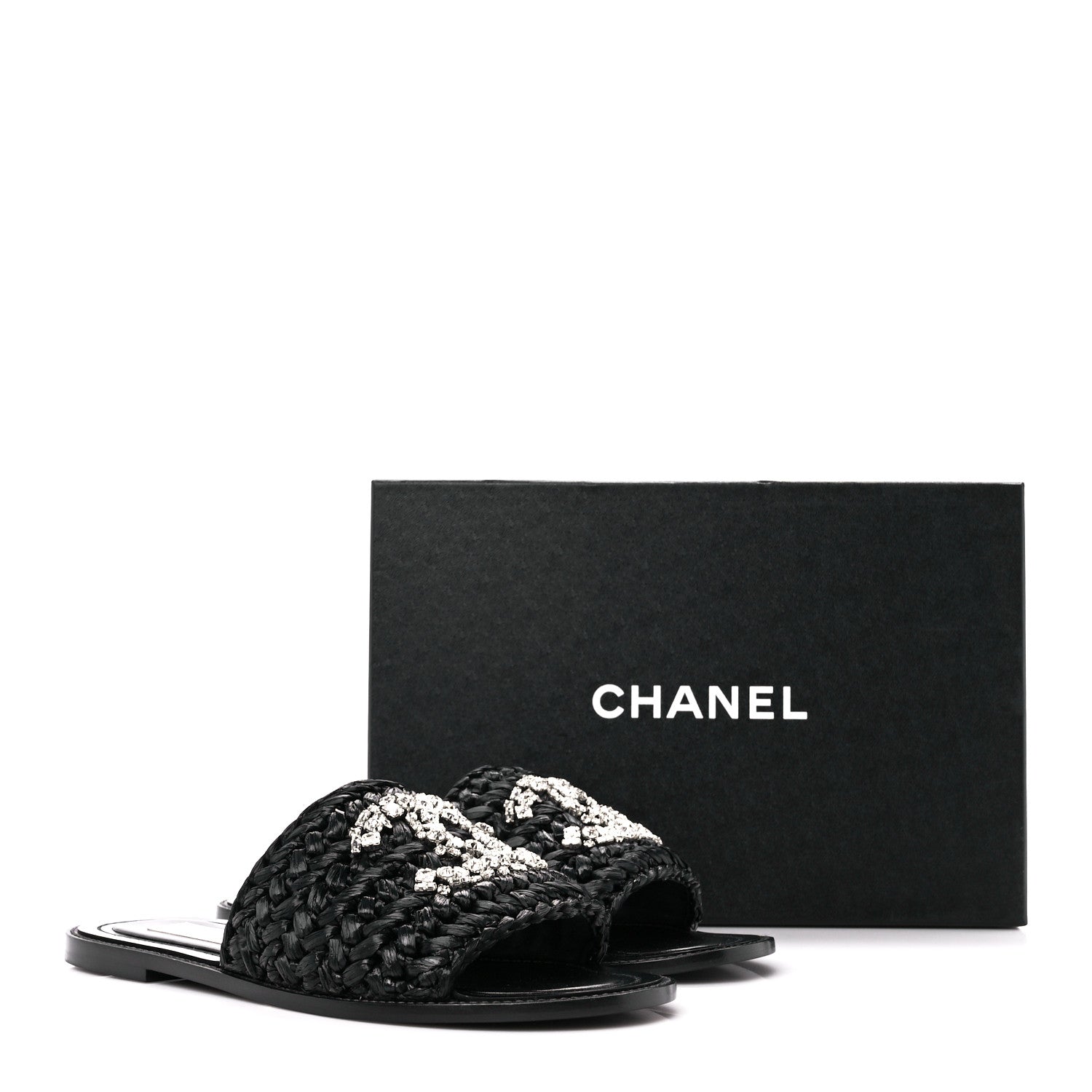 Chanel Raffia Crystal CC Mules Sandals 38.5 Black 9 of 9