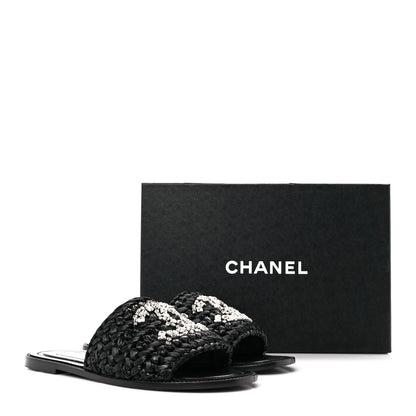 Chanel Raffia Crystal CC Mules Sandals 38.5 Black 9 of 9