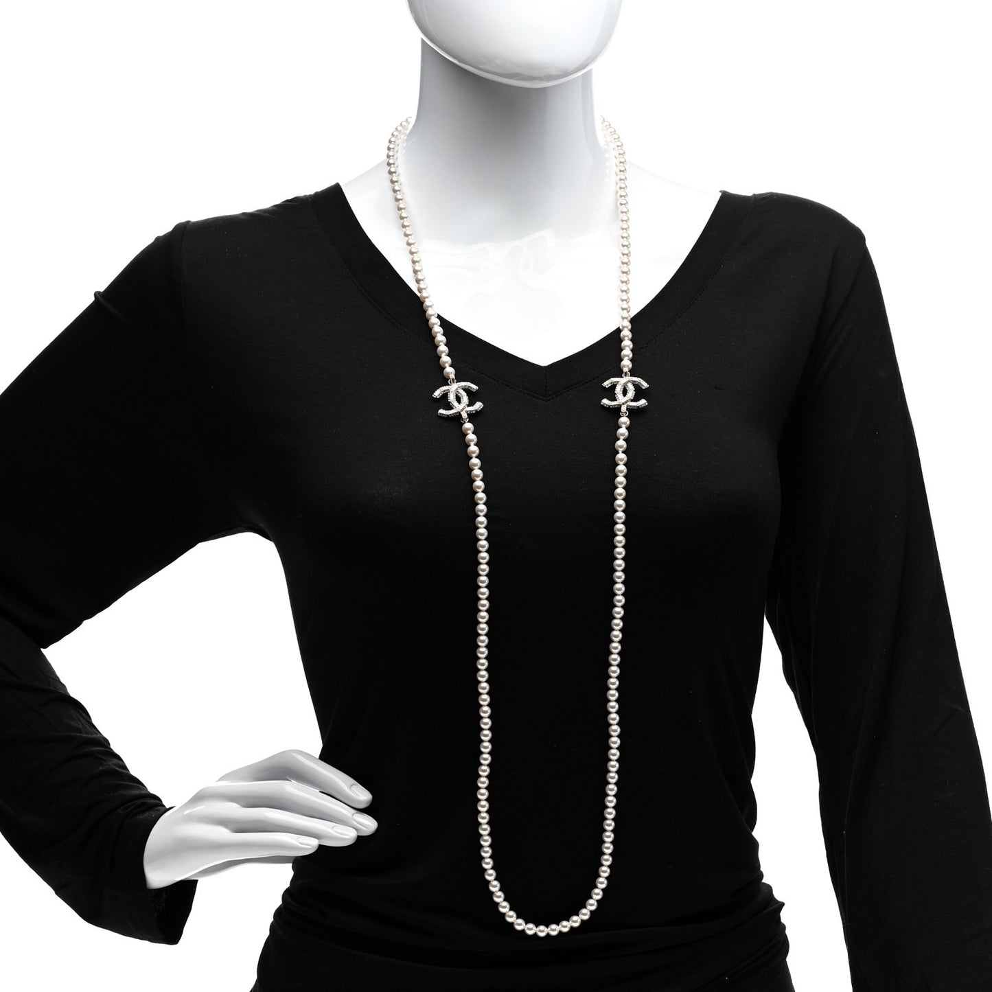 Pearl Baguette Crystal CC Long Necklace Gold