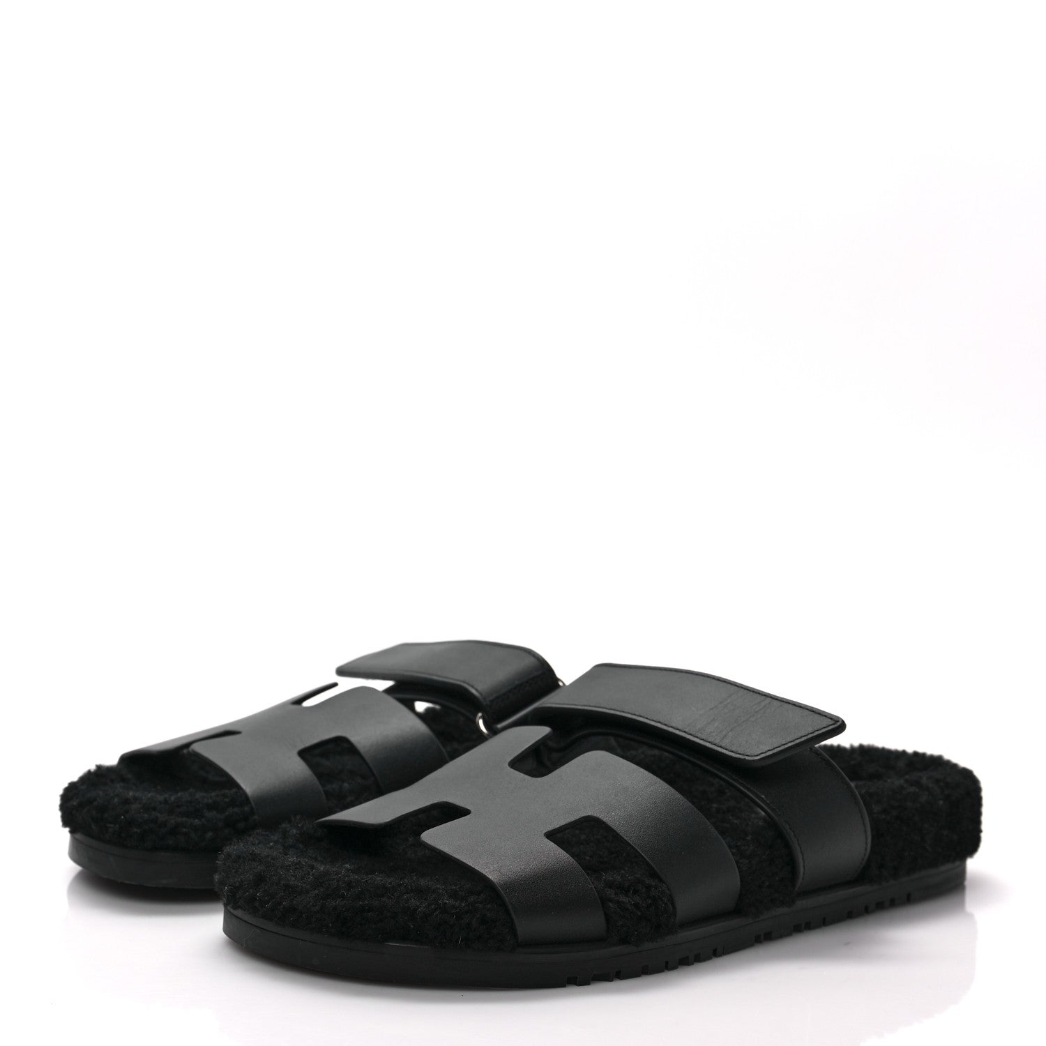 Hermes Calfskin Woolskin Womens Chypre Sandals 39 Black 3 of 8