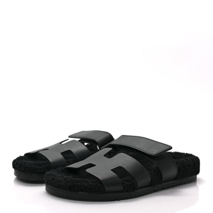 Hermes Calfskin Woolskin Womens Chypre Sandals 39 Black 3 of 8