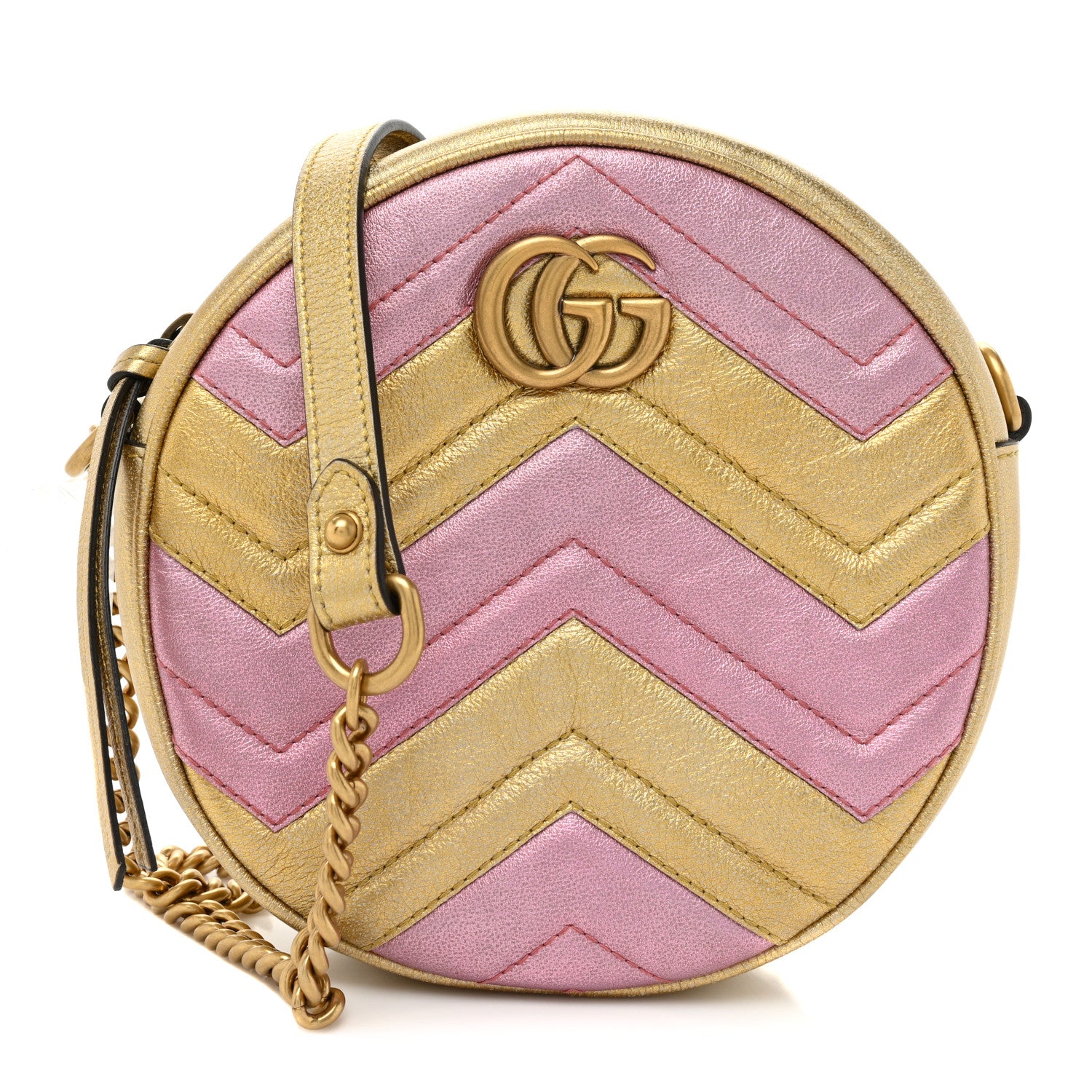 Gucci Metallic Nappa Matelasse Heart Mini GG Marmont Round Shoulder Bag Oro Vecchio Rosa 1 of 13