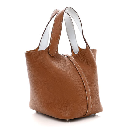Hermes Taurillon Clemence Swift Eclat Picotin Lock 18 PM Gold Bleu Brume 3 of 11