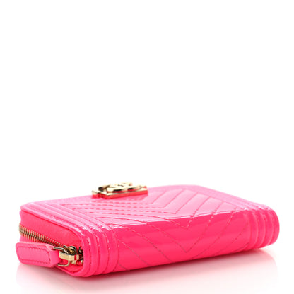 Chanel Patent Chevron Quilted Zip Around Boy Coin Purse Wallet Neon Pink 4 of 10