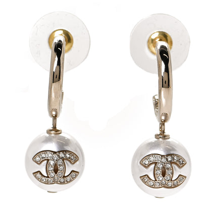 Chanel Pearl Crystal CC Drop Earrings Gold Pearly White 1 of 4