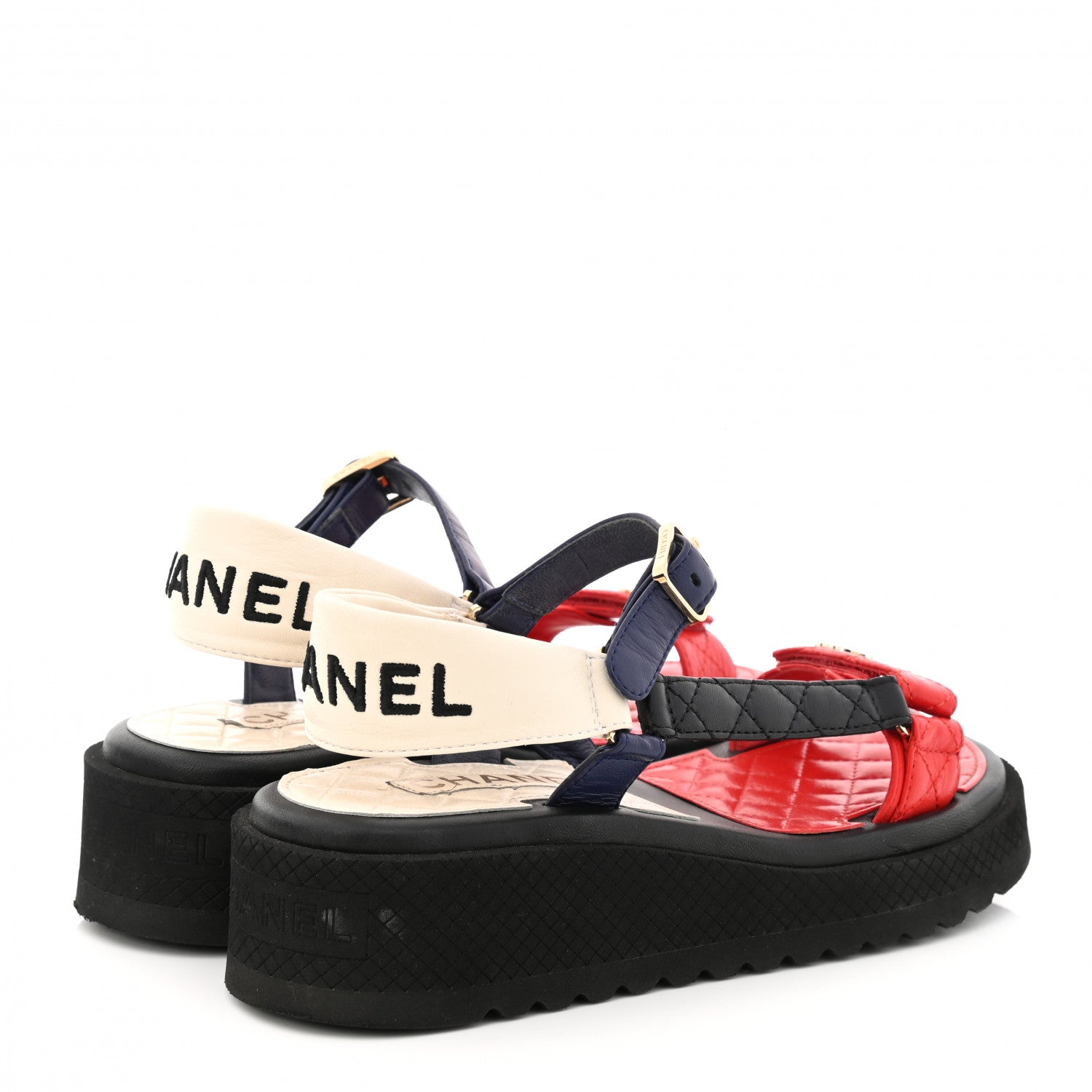 Chanel Lambskin Logo Platform Sandals 37.5 Red Black Ivory Navy Blue 4 of 9