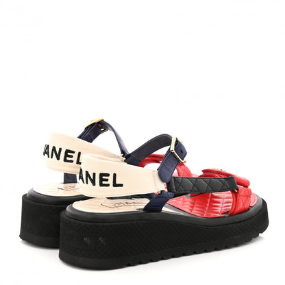Chanel Lambskin Logo Platform Sandals 37.5 Red Black Ivory Navy Blue 4 of 9