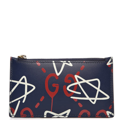 Gucci Calfskin GucciGhost Coin Case Card Holder Blue Agata Hibiscus Red 1 of 9