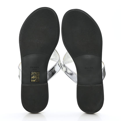 Prada Metallic Calfskin Logo Thong Sandals 37 Silver 5 of 9