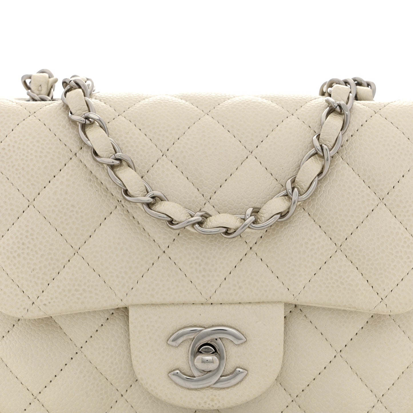 Iridescent Caviar Quilted Mini Square Flap White