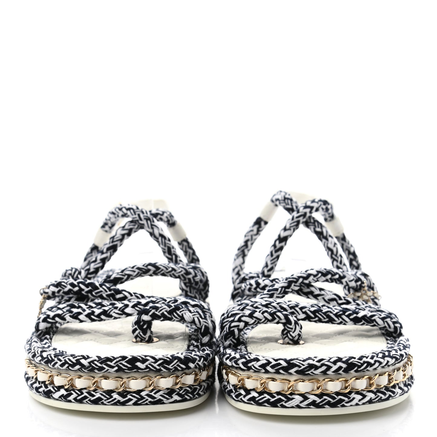 Lambskin Cord Chain CC Sandals 38 Black White