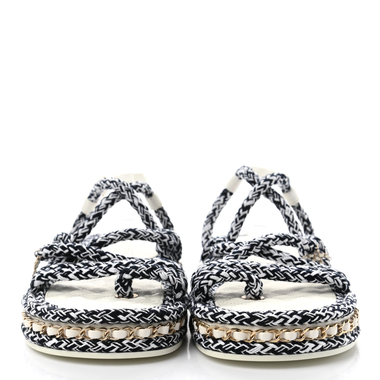 Chanel Lambskin Cord Chain CC Sandals 38 Black White 2 of 8