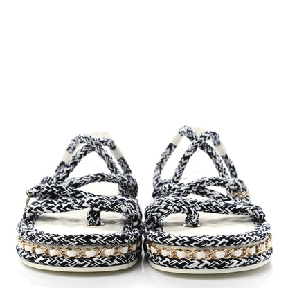 Chanel Lambskin Cord Chain CC Sandals 38 Black White 2 of 8
