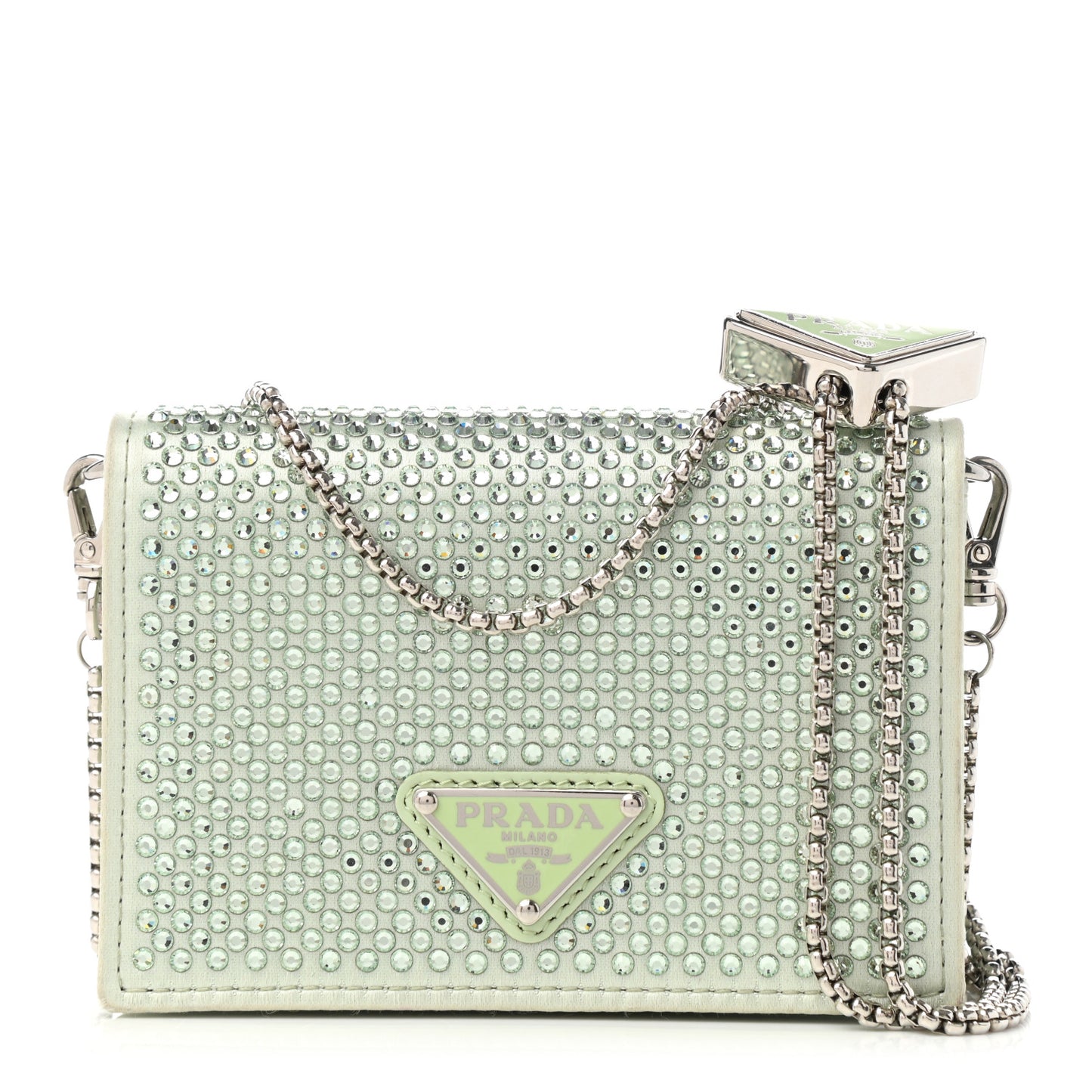 Satin Crystal Metal Triangle Logo Card Holder With Strap Acqua