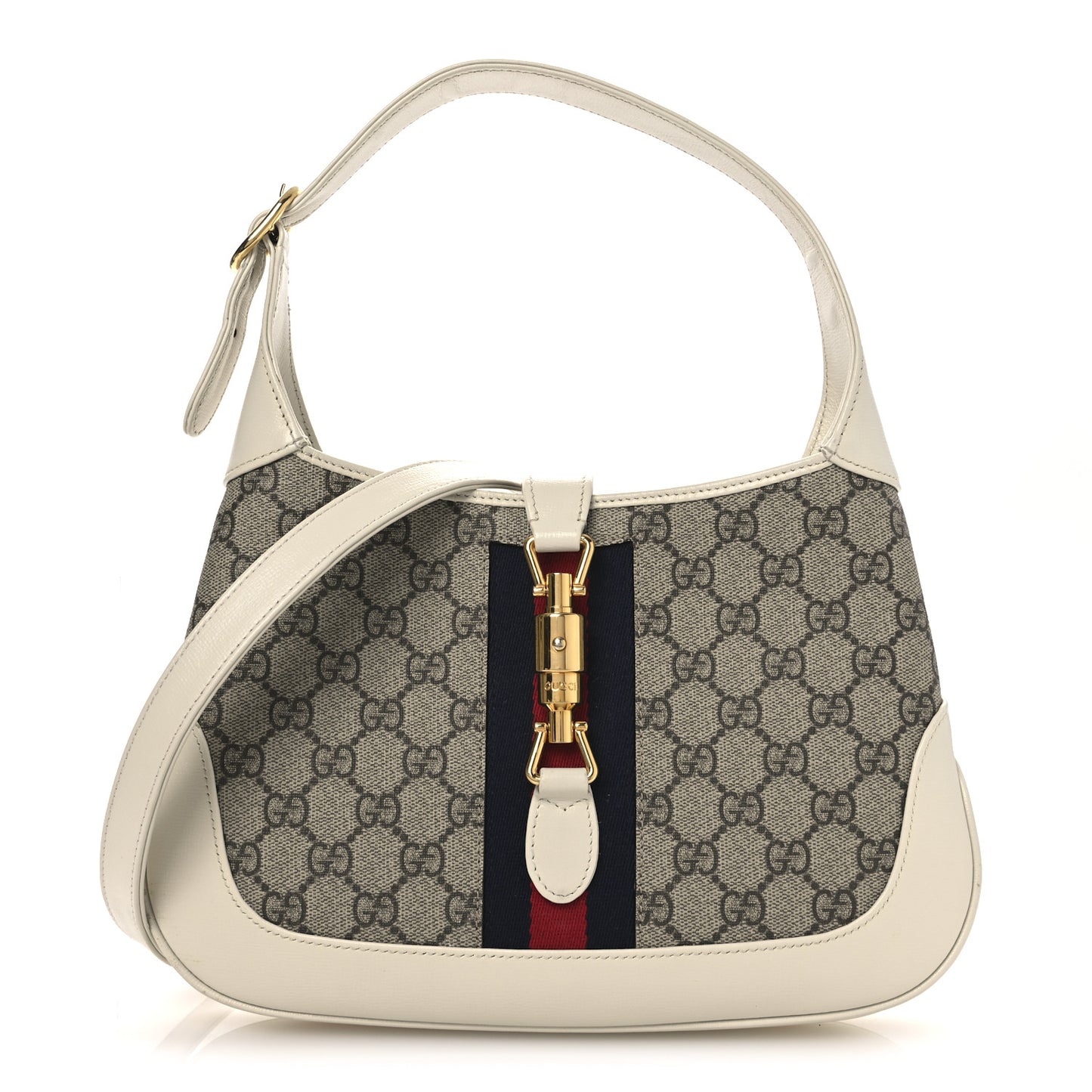 GG Supreme Monogram Azalea Calfskin Web Small Jackie 1961 Hobo Beige Ebony Mystic White
