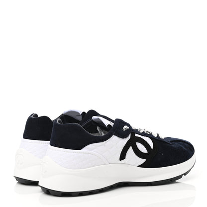 Chanel Fabric Suede Kidskin CC Sneakers 39.5 Navy White 4 of 9