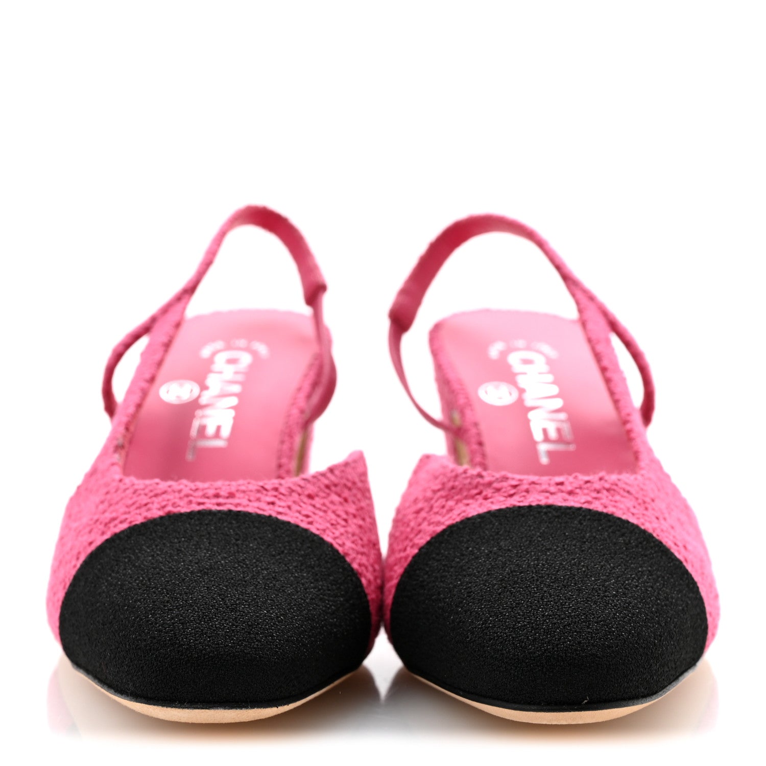 Chanel Tweed Grosgrain Cap Toe CC Slingback Pumps 37 Pink Black 3 of 12