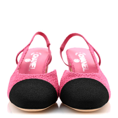Chanel Tweed Grosgrain Cap Toe CC Slingback Pumps 37 Pink Black 3 of 12