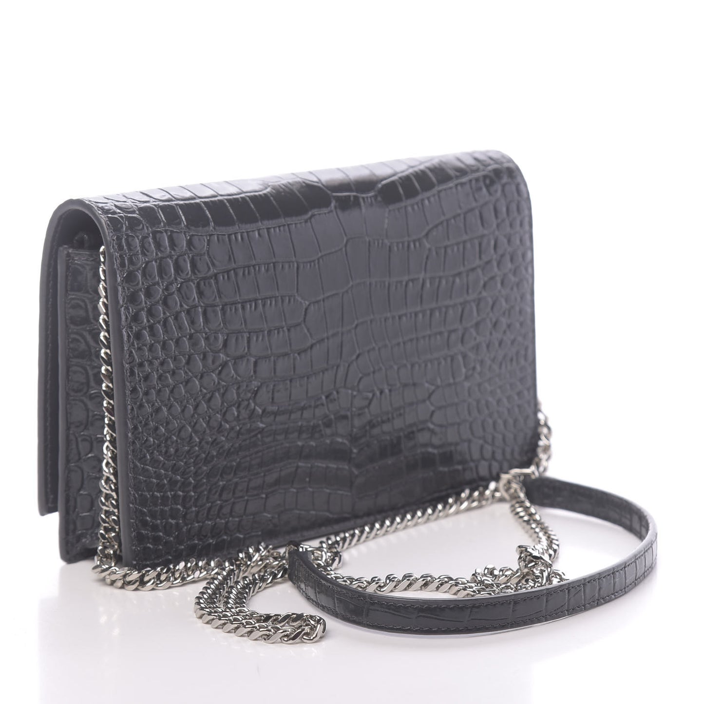 Calfskin Crocodile Embossed Kate Monogram Tassel Chain Wallet Dark Smog