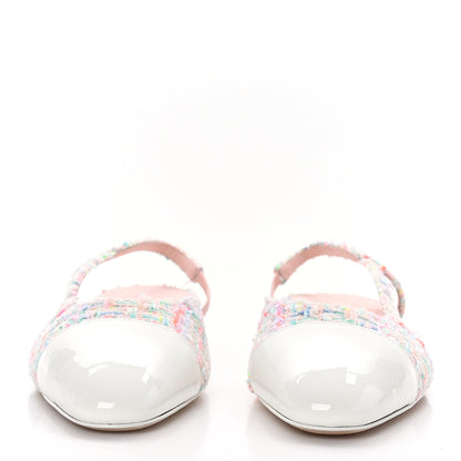 Chanel Tweed Patent Cap Toe Slingback Flats 38.5 Multicolor White 2 of 9