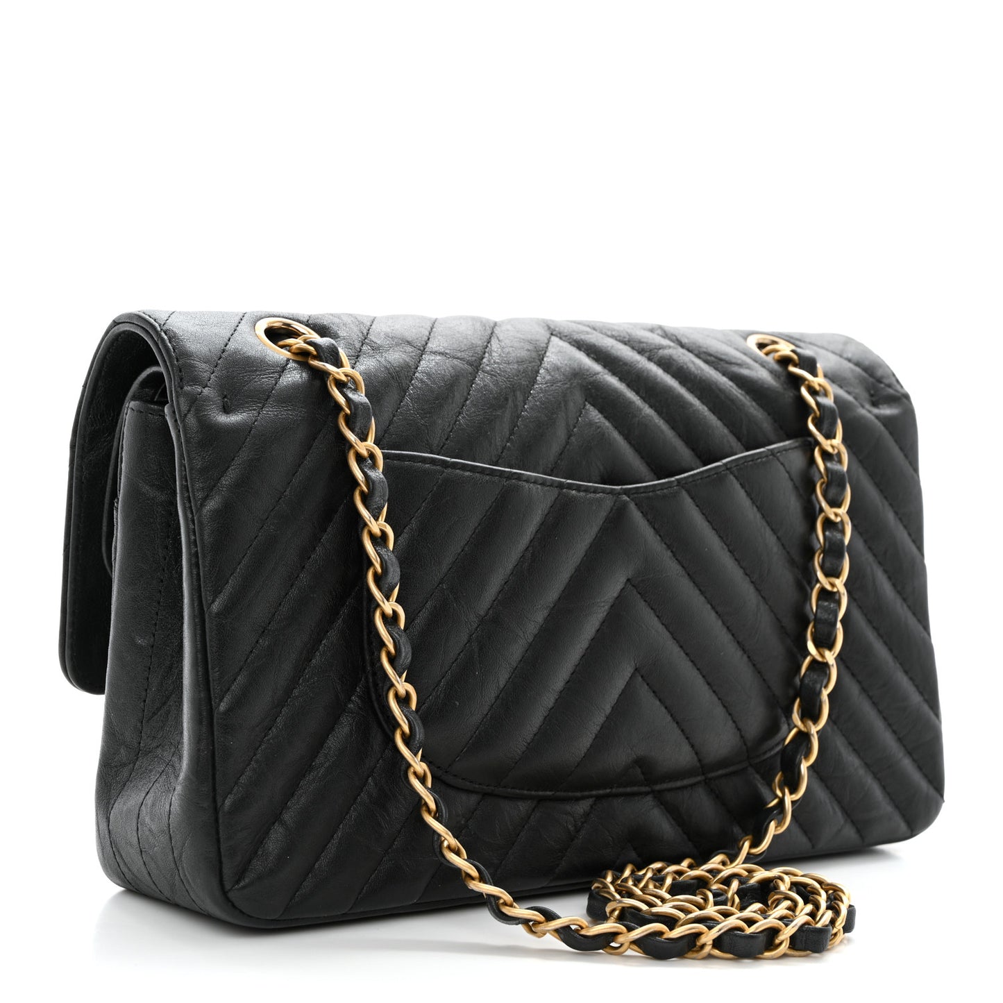 Iridescent Calfskin Chevron Quilted Medium Double Flap Black