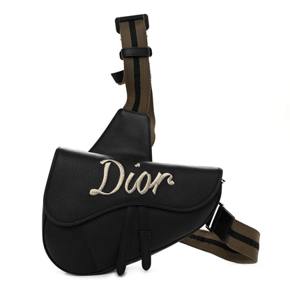 Christian Dior Grained Calfskin Logo Embroidered Saddle Messenger Bag Black 1 of 10