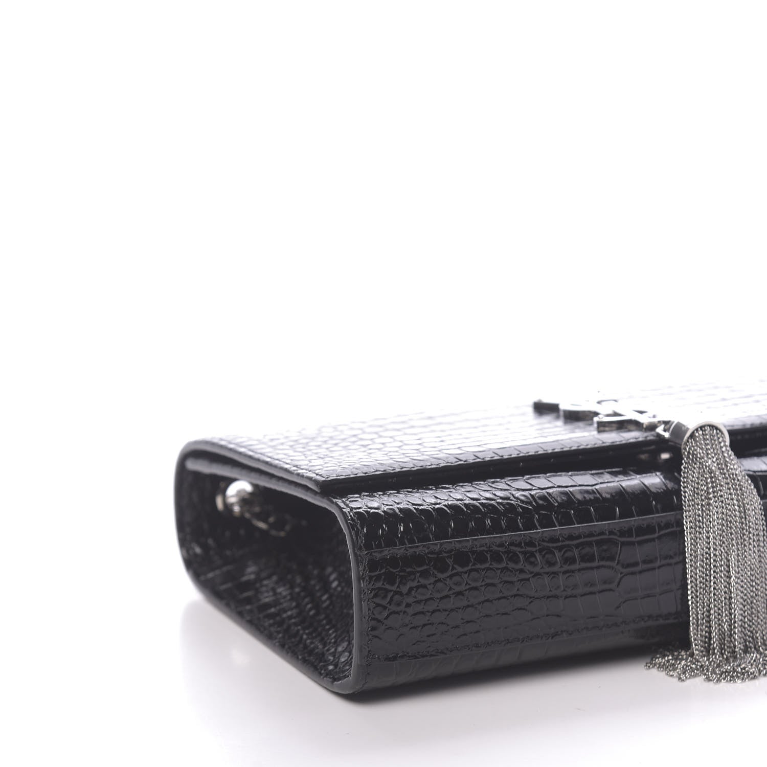 Saint Laurent Calfskin Crocodile Embossed Medium Classic Monogram Kate Tassel Satchel Black 8 of 9