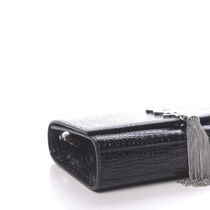 Saint Laurent Calfskin Crocodile Embossed Medium Classic Monogram Kate Tassel Satchel Black 8 of 9