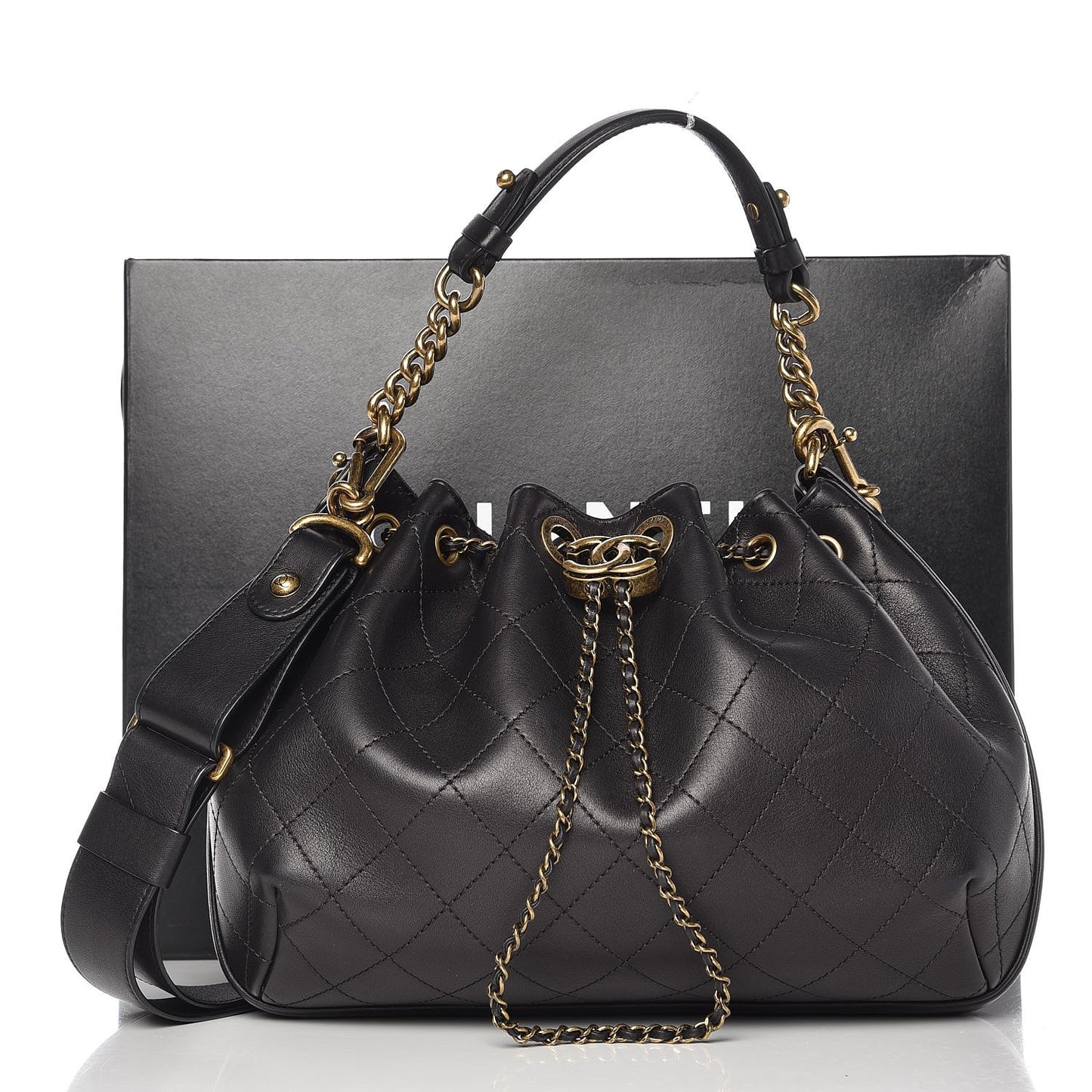 Calfskin Stitched Medium Drawstring CC Bag Black
