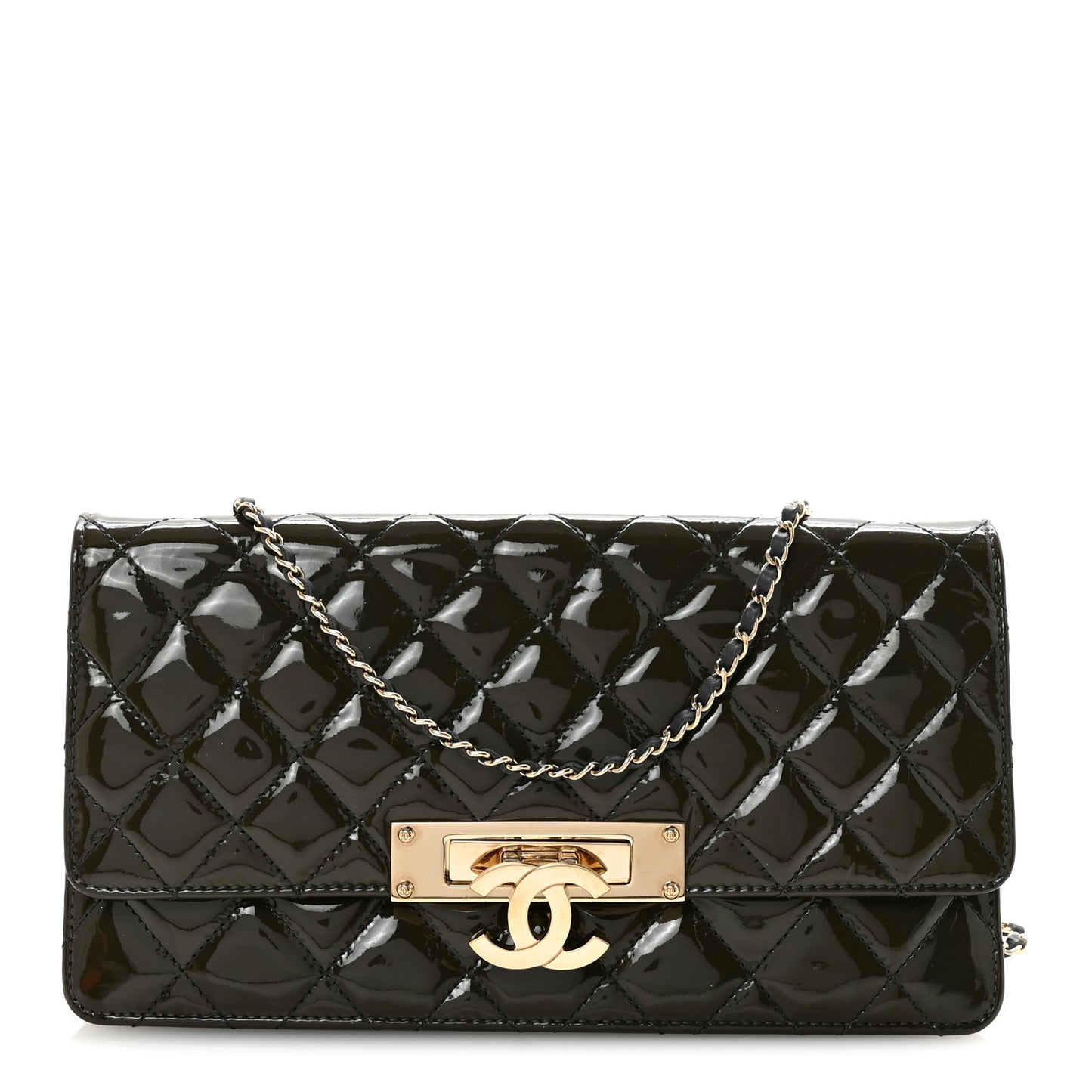 Patent Quilted Golden Class Wallet on Chain WOC Dark Grey