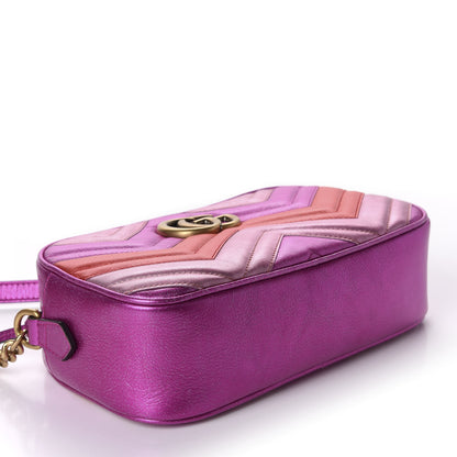 Gucci Laminated Nappa Matelasse Small GG Marmont Chain Shoulder Bag Fuxia Rosso Rosa 3 of 10