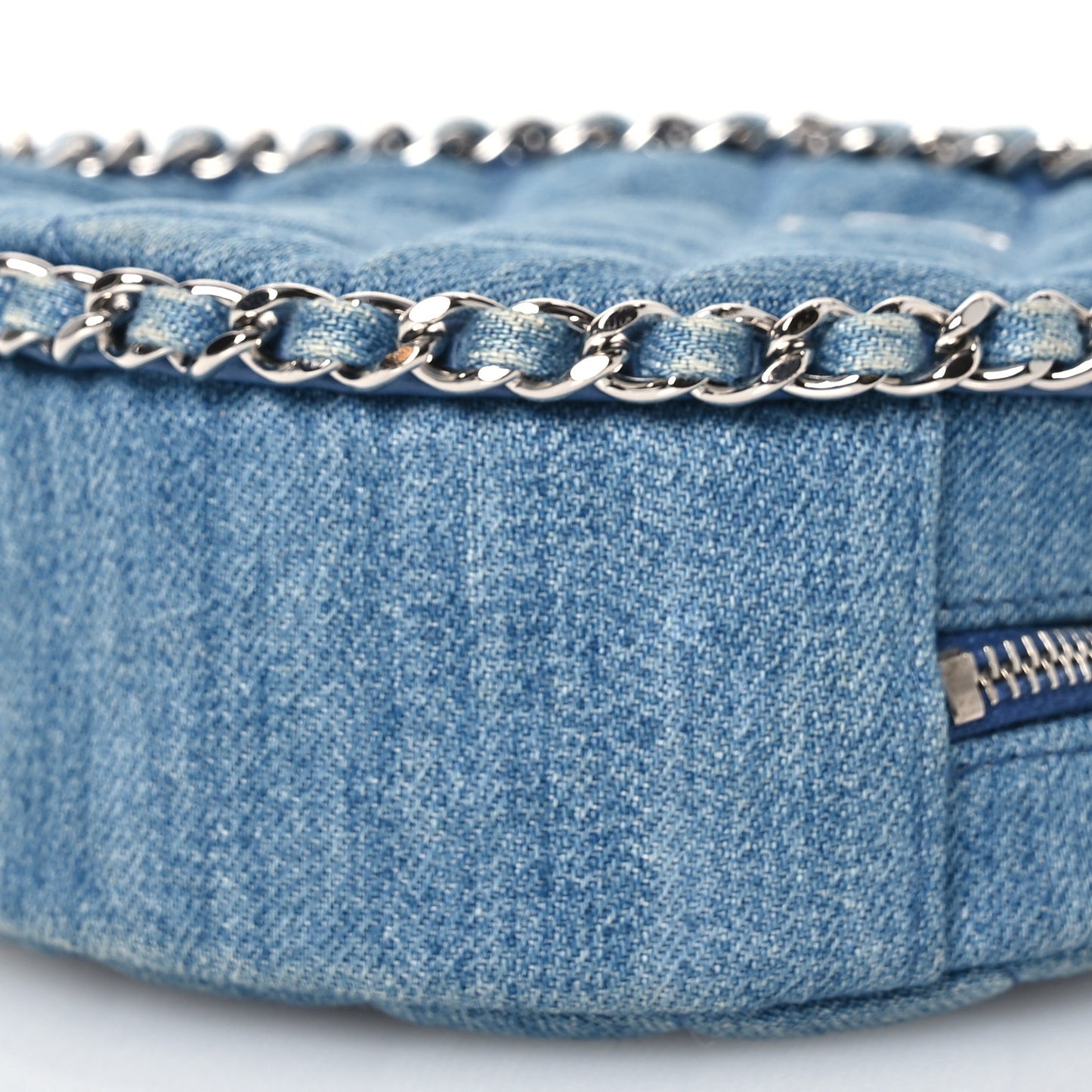 Denim Quilted Round Clutch With Chain Blue