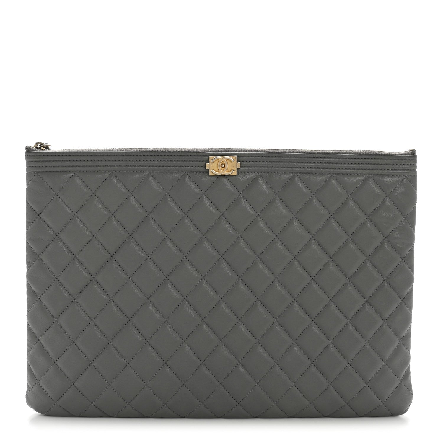 Chanel Lambskin Quilted Large Boy Zip Pouch Grey 1 of 10