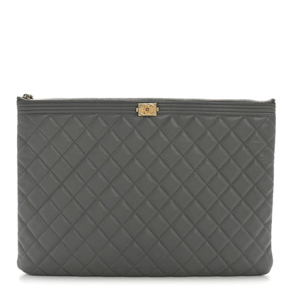 Chanel Lambskin Quilted Large Boy Zip Pouch Grey 1 of 10