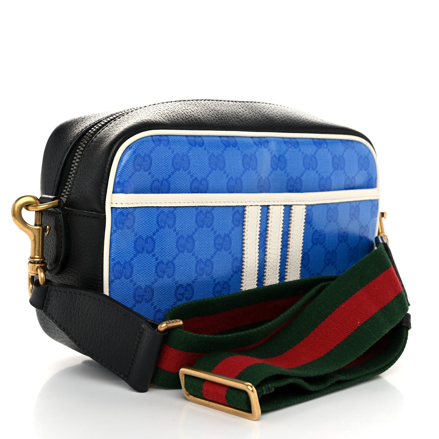 Gucci X ADIDAS Crystal Vintage Monogram Textured Dollar Calfskin Web Trefoil Logo Small Messenger Bag Bright Splash Off White Black 3 of 10