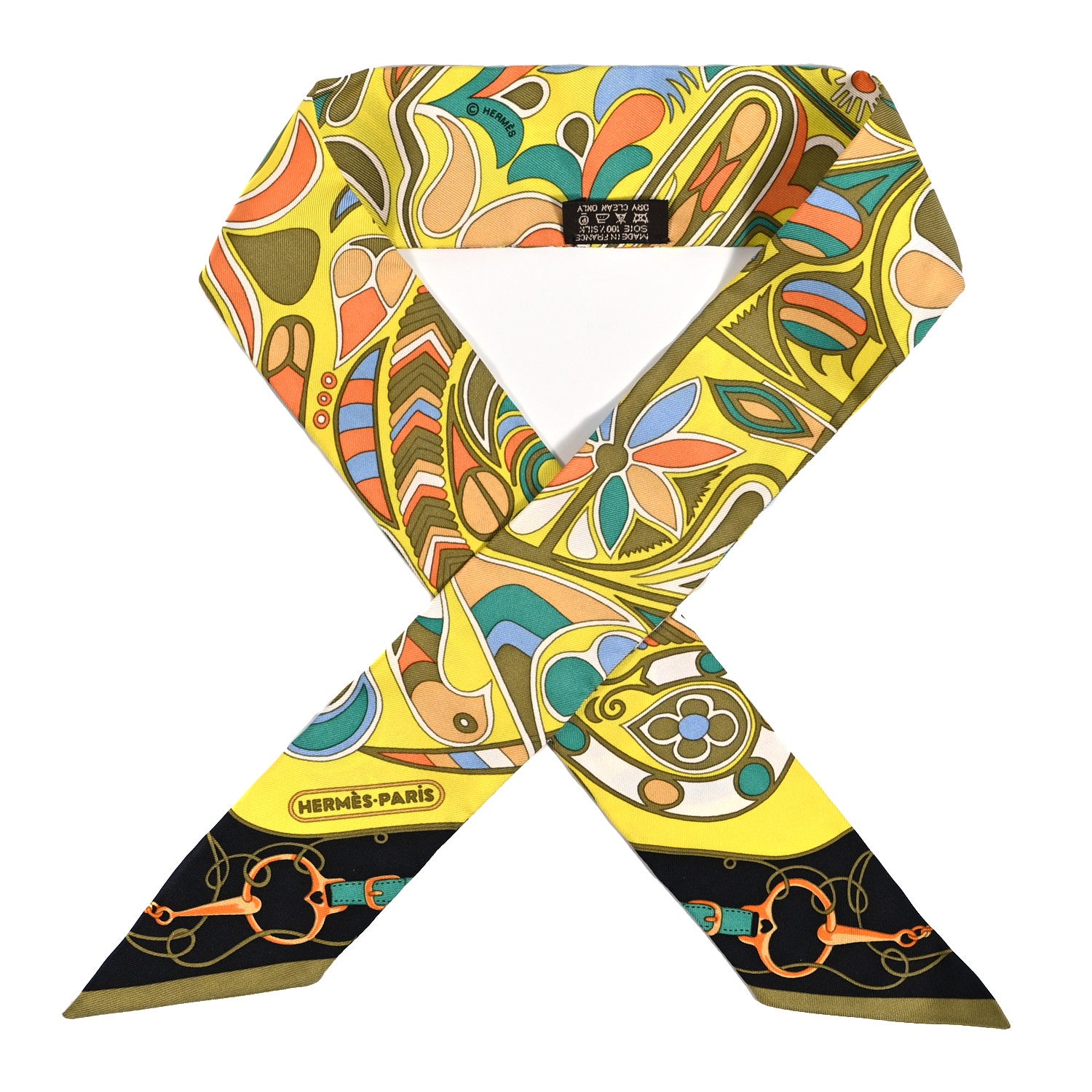 Hermes Silk Folklore Twilly Jaune Citron Kaki Saumon 1 of 3