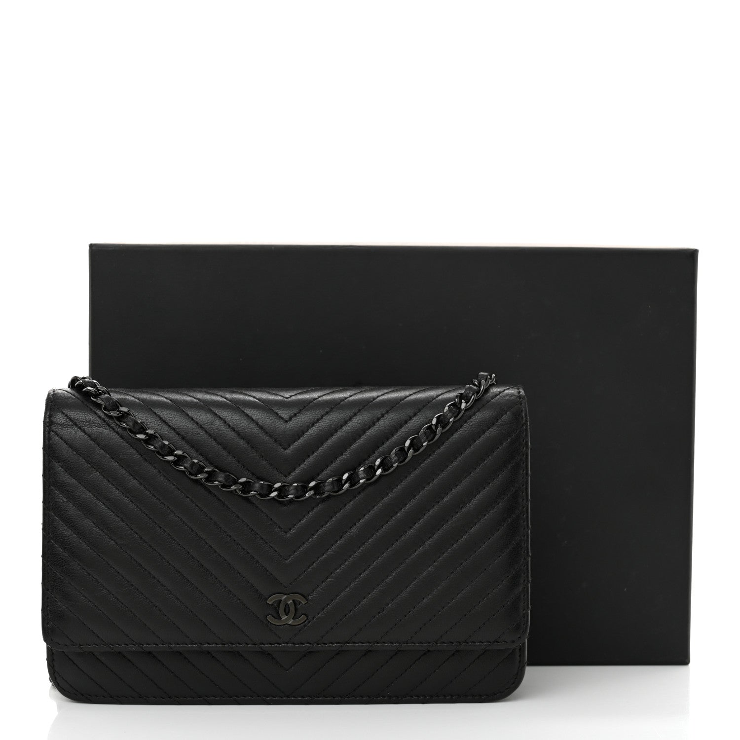 Chanel Lambskin Chevron Quilted Wallet On Chain WOC So Black 13 of 13