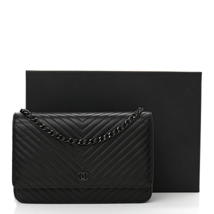 Chanel Lambskin Chevron Quilted Wallet On Chain WOC So Black 13 of 13