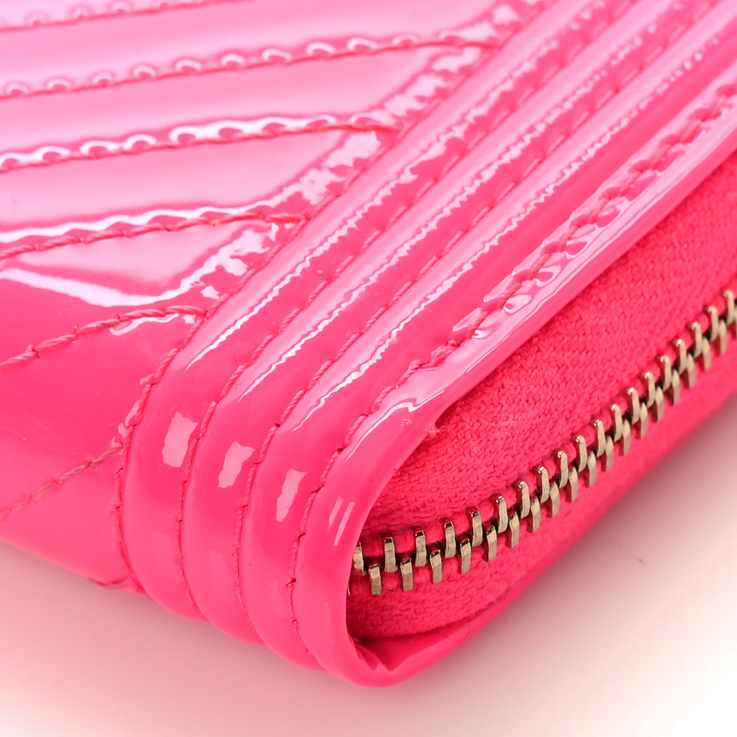 Chanel Patent Chevron Quilted Zip Around Boy Coin Purse Wallet Neon Pink 9 of 10