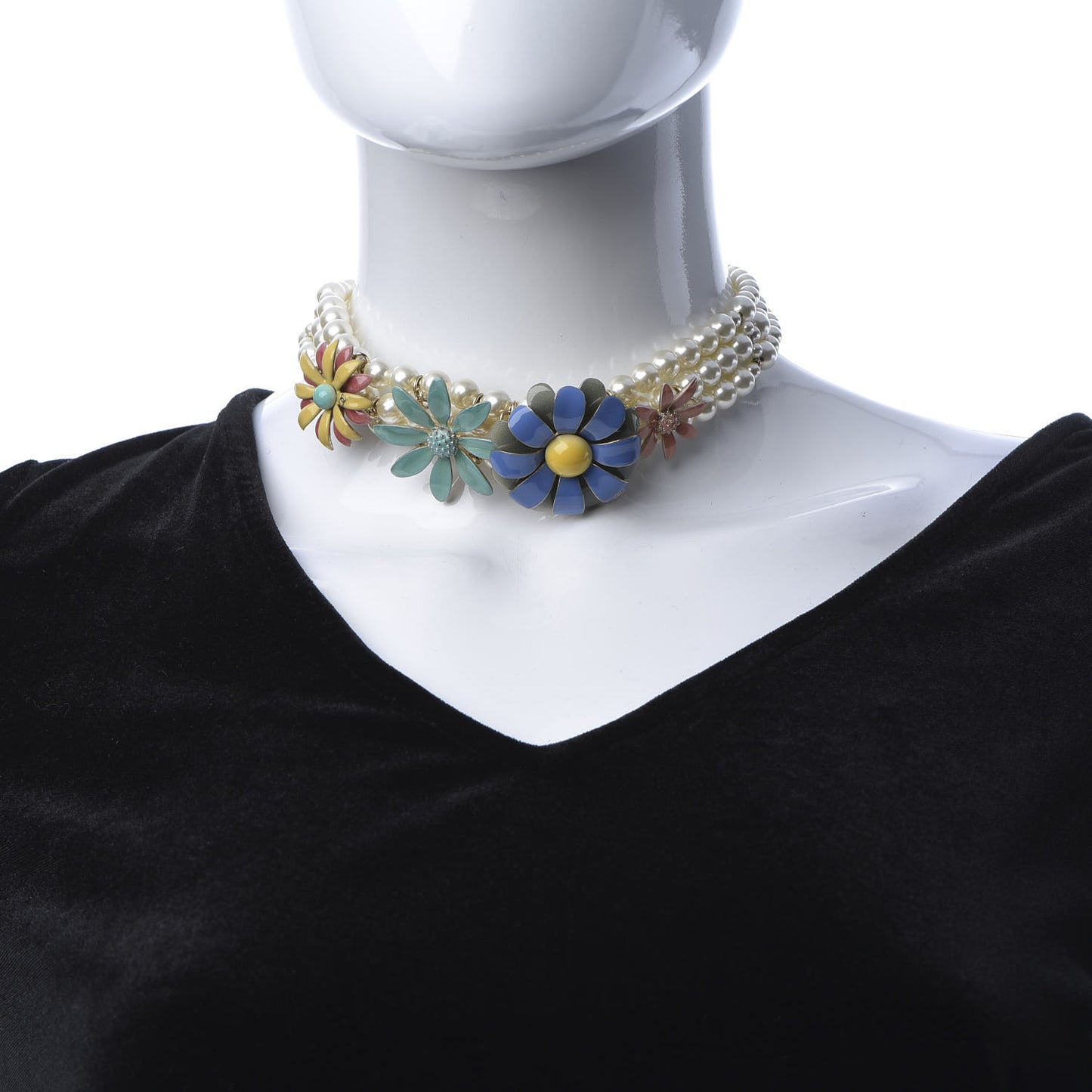 Enamel Pearl CC Flower Choker Necklace Multi