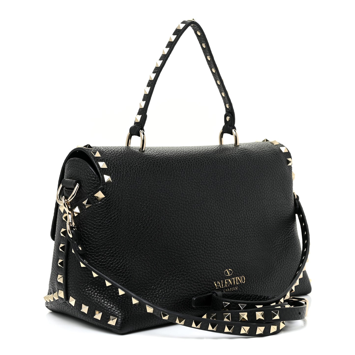 Pebbled Calfskin Rockstud Single Handle Flap Bag Black