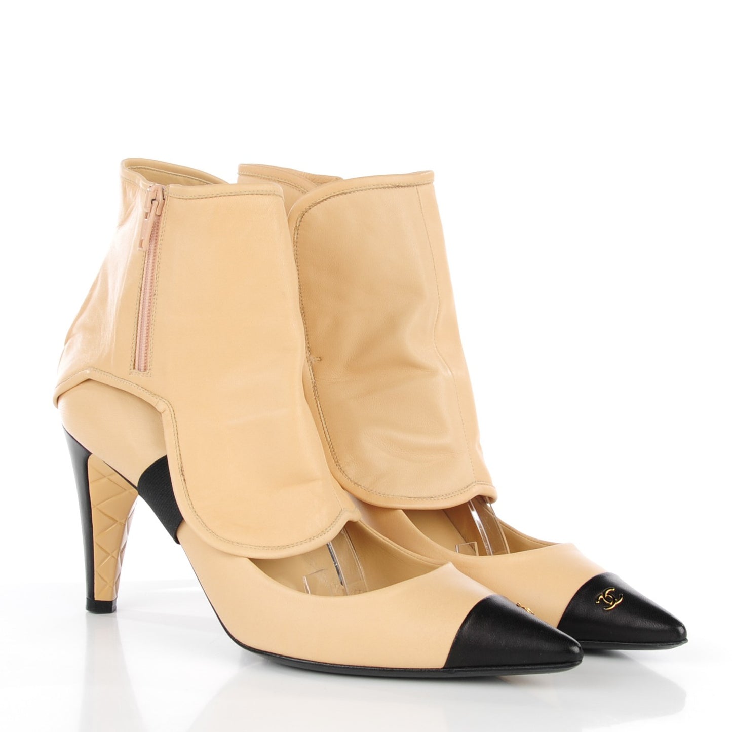Lambskin Cap Toe Ankle Gaiter Pumps 39.5 Beige Black